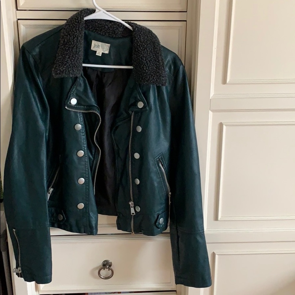 Green “Leather” Jacket Fuzzy Collar